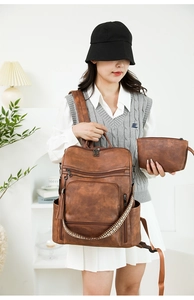 Detail of vintage brown PU leather backpack with jacquard strap and matching pouch