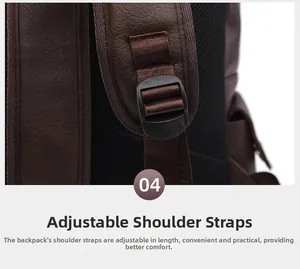 Detail of adjustable shoulder strap with buckle on dark brown textured leather backpack
