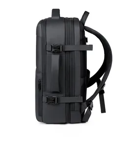 Side view of large capacity travel laptop backpack with reinforced side buckles and mesh