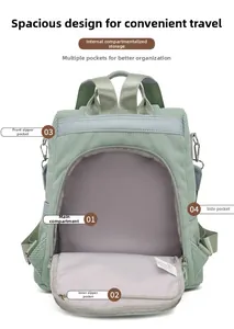 Detail view of large capacity light green corduroy backpack showing internal storage pockets