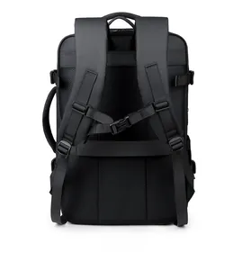 Ergonomic back of black business backpack with breathable mesh and luggage strap