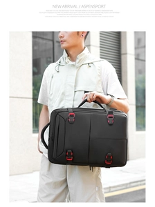 Close-up of waterproof business backpack with side handle and red accent buckle