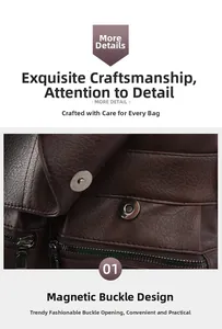 Macro shot of dark brown lychee leather backpack with magnetic clasp and zipper detail