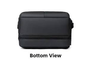 Detailed bottom view of large capacity black travel backpack showing water-resistant material