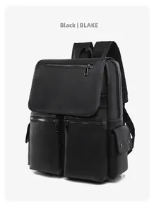 Detail view of black pebbled leather backpack with silver metal zippers and side pockets