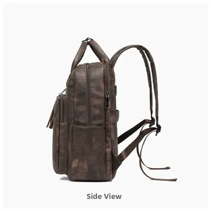 Side view of multi-layer zipper laptop backpack in dark brown vintage faux leather