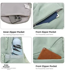 Detail view of light green corduroy backpack with multiple pockets and interior storage