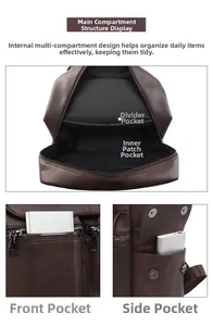 Detail view of large capacity business backpack showing internal pockets and compartments