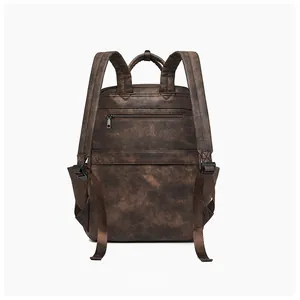 Rear view of vintage brown PU leather backpack with hidden zipper pocket and dual straps
