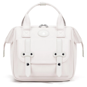 Minimalist beige multi-functional mummy backpack with buckle pockets and top handles