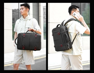 Detail of waterproof business travel backpack showing USB port and dual carrying modes
