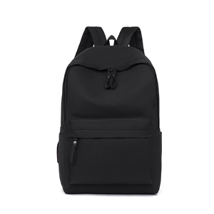 Minimalist black oxford cloth backpack with front zipper pocket and side water bottle holders