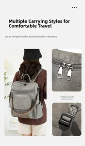 Close-up of pebble-grain PU leather texture and durable metal zipper details on gray backpack