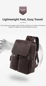 Detailed view of 0.77KG lightweight brown vintage leather backpack with multiple pockets