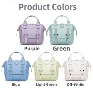 Detailed view of large capacity diaper backpacks in purple, green, blue, and cream colors
