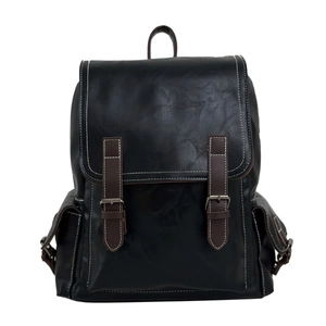 Vintage PU leather backpack in black with brown straps and white stitching detail
