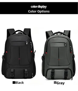 Side-by-side view of black and grey travel backpacks with multiple zipper compartments
