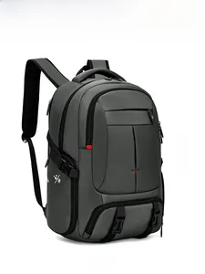 Side view of dark gray high-capacity travel backpack with reinforced side buckles