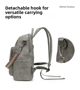 Detail view of detachable metal hooks and convertible straps on a retro PU backpack