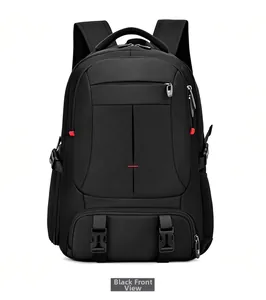 Detailed front view of large capacity travel backpack with red stitching and buckled sides