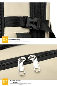 Détail des boucles latérales et des fermetures éclair en métal du sac à dos voyage