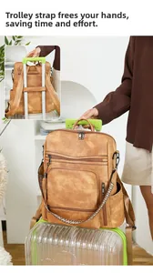 Detail of the luggage strap on a vintage brown PU leather backpack for easy travel