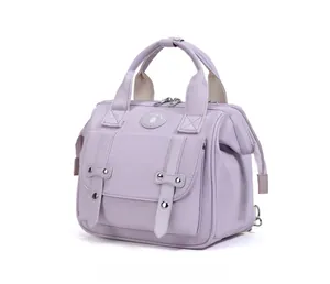 Lavender lightweight nylon diaper bag with top handles and decorative rivet straps