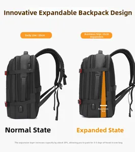 Detail of expandable black business backpack showing 20cm to 25cm capacity increase