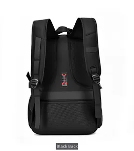 Ergonomic breathable mesh back and luggage strap on this large black travel backpack