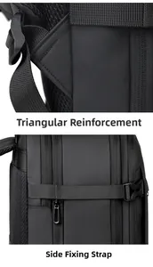 Detail of reinforced triangular stitching and side compression straps on black backpack