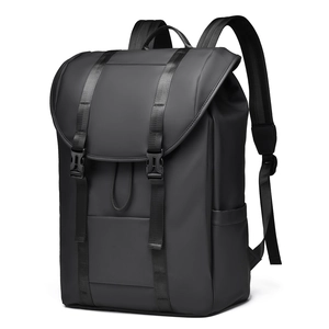Minimalist black waterproof business backpack with buckle closure and 16-inch laptop pocket
