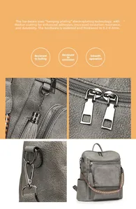 Macro detail of electroplated hardware and smooth zippers on a vintage PU backpack