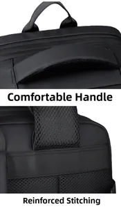 Detail of padded handle and reinforced stitching on travel backpack for durability