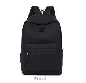 Front view of a minimalist black Oxford fabric backpack with dual zippers and front pocket