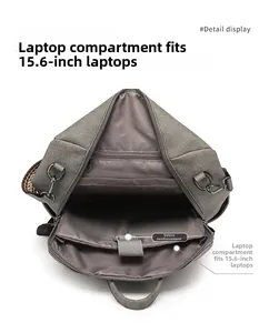 Interior detail of large PU backpack showing 15.6 inch laptop compartment and pockets