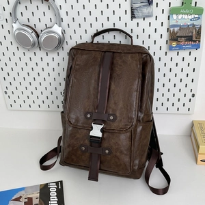 Vintage dark brown PU leather backpack with buckle closure and textured crackle finish