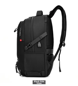 Side view of black nylon backpack featuring external USB port and breathable mesh straps