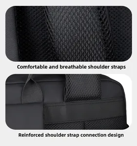 Detail of breathable honeycomb mesh shoulder straps and reinforced stitching on black backpack