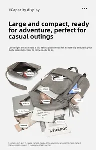 Flat lay of gray PU leather backpack showing large capacity with laptop and accessories