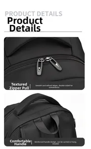 Detail of high-capacity travel backpack with reinforced handle and dual zippers