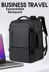 Expandable black business travel backpack with waterproof fabric and multi-functional pockets