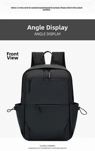 Front view of black waterproof business backpack with dual zippers and side drawstring pockets