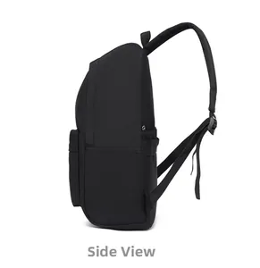Side view of simple black oxford fabric backpack with elastic pocket for students