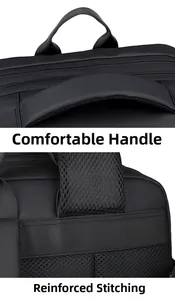 Detail of comfortable carry handle and reinforced stitching on durable nylon backpack