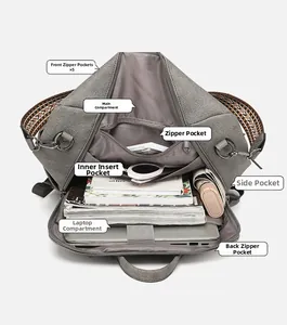 Detail view of large capacity faux leather backpack interior with functional laptop sleeve