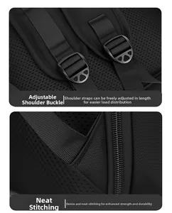 Detail of adjustable breathable mesh shoulder straps and reinforced stitching on travel backpack
