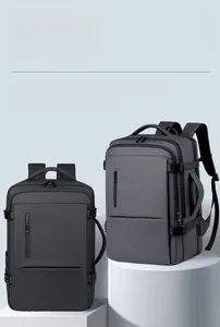 Detail of dark grey waterproof nylon business backpack with expandable structure