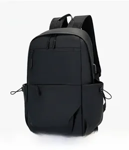 Side view of multi-compartment black business backpack showing side pocket and zipper details