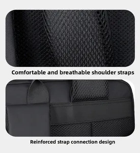 Detail of breathable mesh shoulder straps and reinforced stitching on a black travel backpack