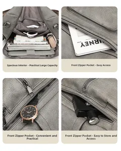 Detail view of large capacity grey PU leather backpack with multiple zip pockets